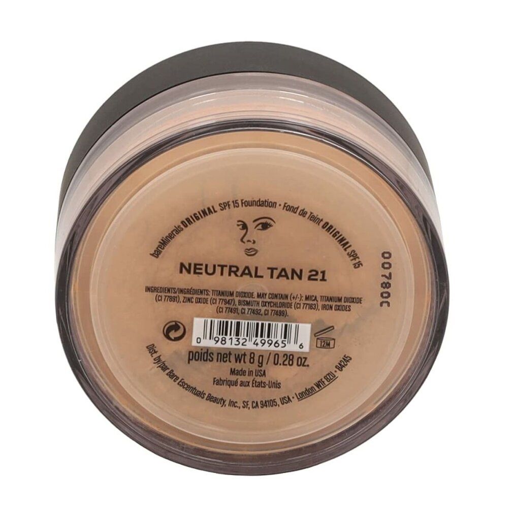 Barattolo di polvere libera, vista dall'alto. Scritta "bareMinerals Original SPF 15". "Neutral Tan 21". Ingredienti e codice a barre.