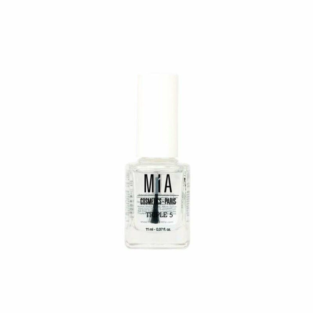 Flacone di smalto trasparente con tappo bianco. Scritta: MIA Cosmetics Paris, Triple 5. Volume: 11 ml.