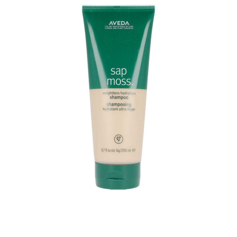Tubo di shampoo Aveda, verde-beige. Scritta: Sap Moss, weightless hydration shampoo, 6.7 fl oz/200 ml. Marchio Aveda.