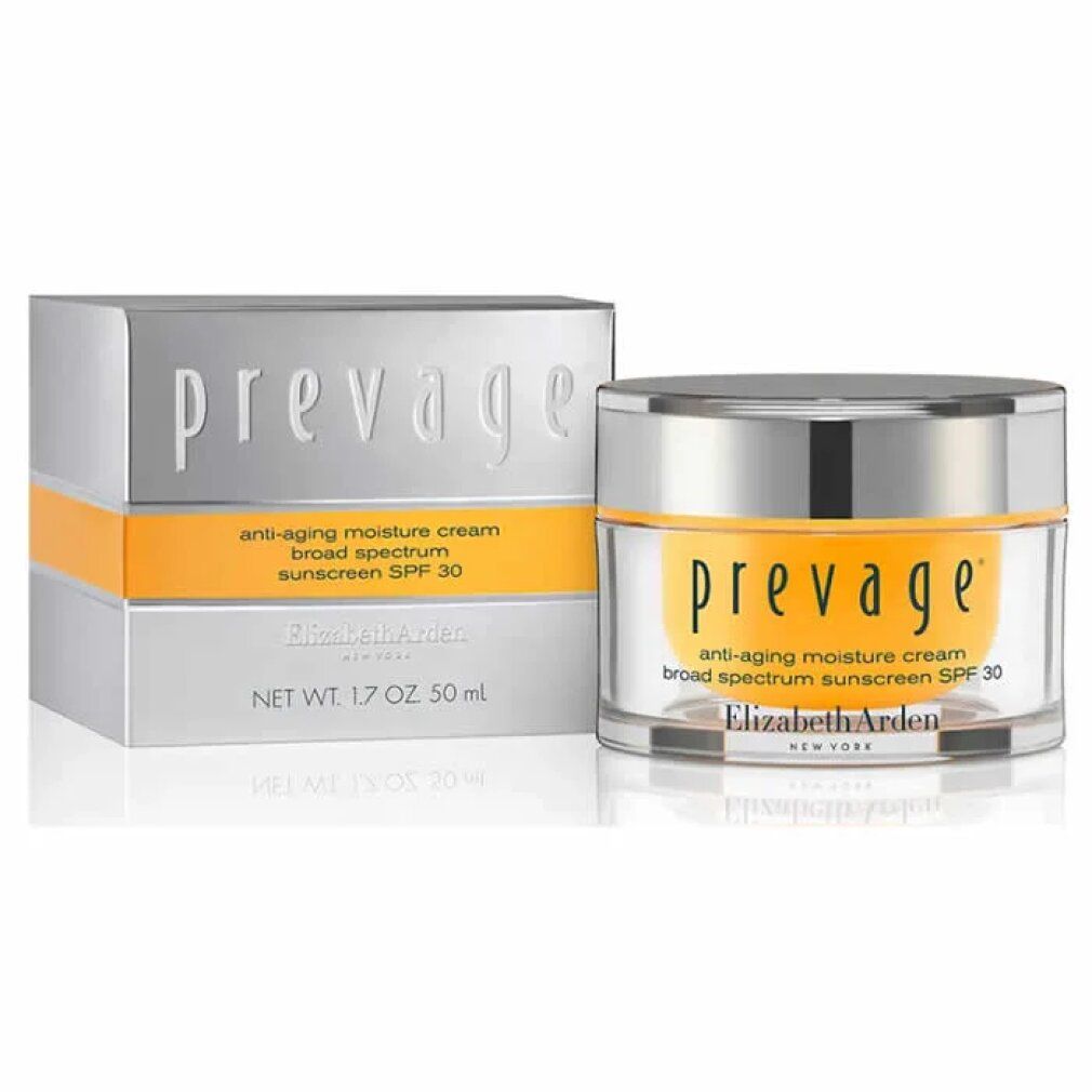 Vaso di crema e scatola. Scritte "prevage", "anti-aging moisture cream broad spectrum sunscreen SPF 30" e "Elizabeth Arden".
