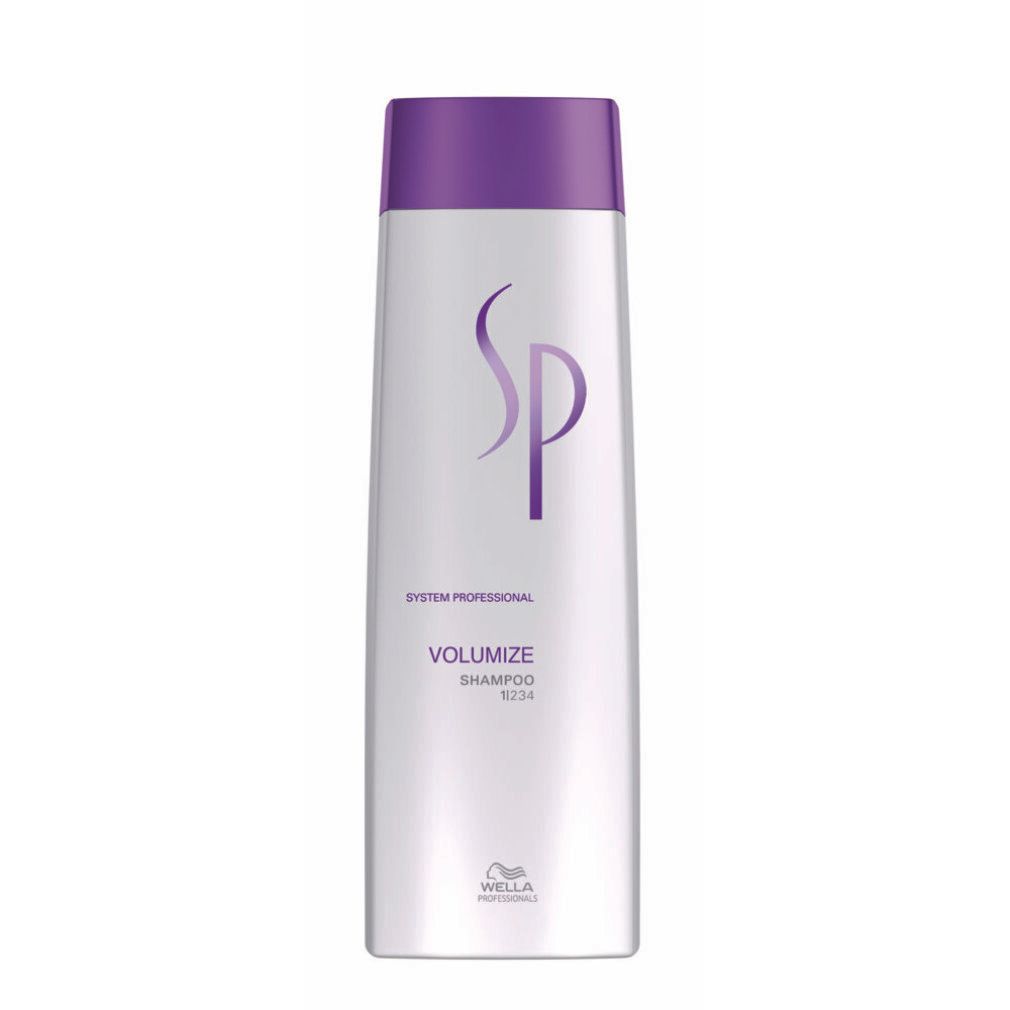 Shampoo bianco con tappo viola. Scritta: SP, Volumize Shampoo. Logo Wella.