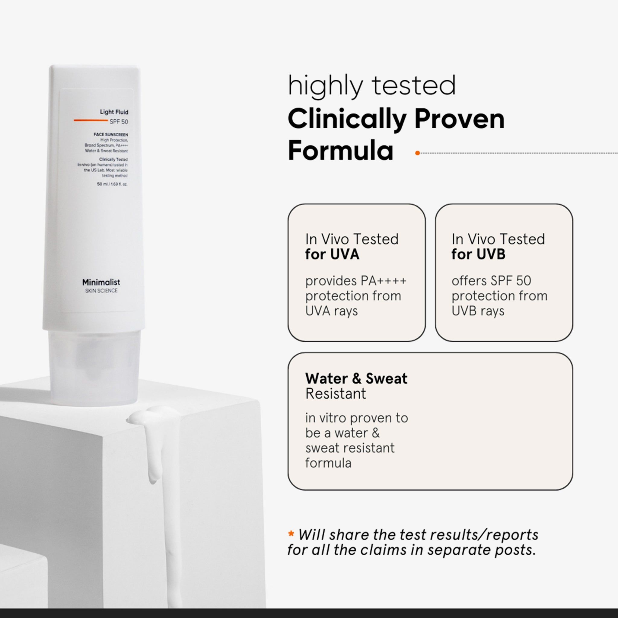 Tubo del prodotto con testo. Testo: Light Fluid SPF 50. Testato in vivo per UVA e UVB. Resistente all'acqua.