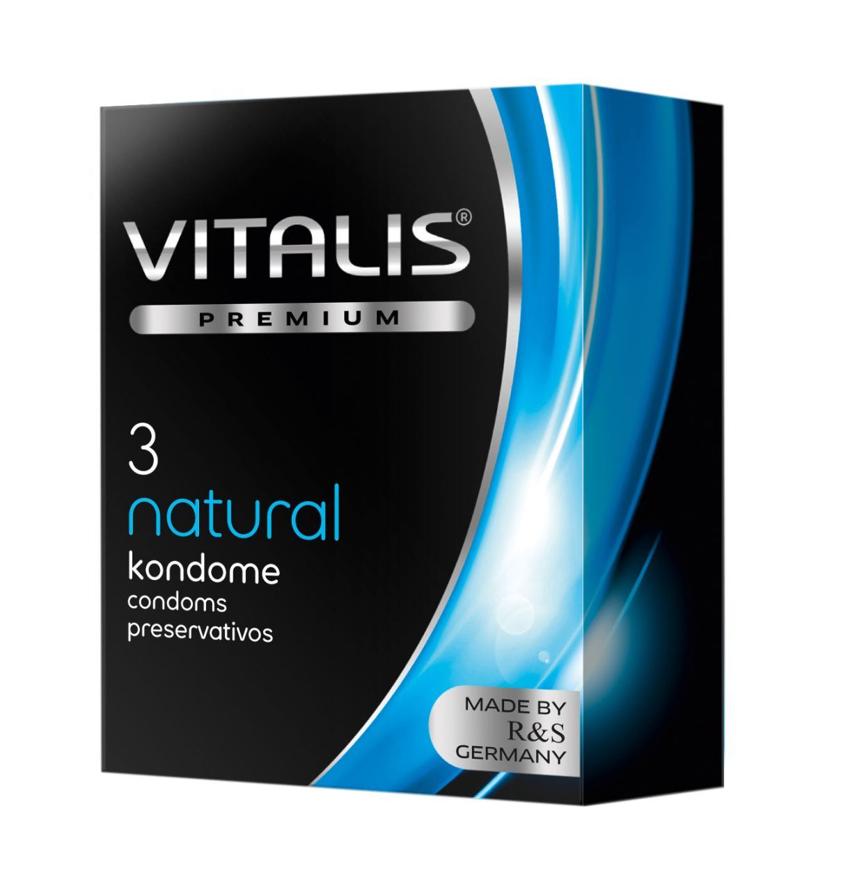 Confezione da 3 preservativi Vitalis PREMIUM Natural, scatola nera con onde blu.