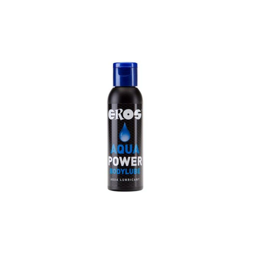 Flacone nero con tappo blu. Scritta: EROS, AQUA POWER BODYLUBE, AQUA LUBRICANT. Simbolo goccia.
