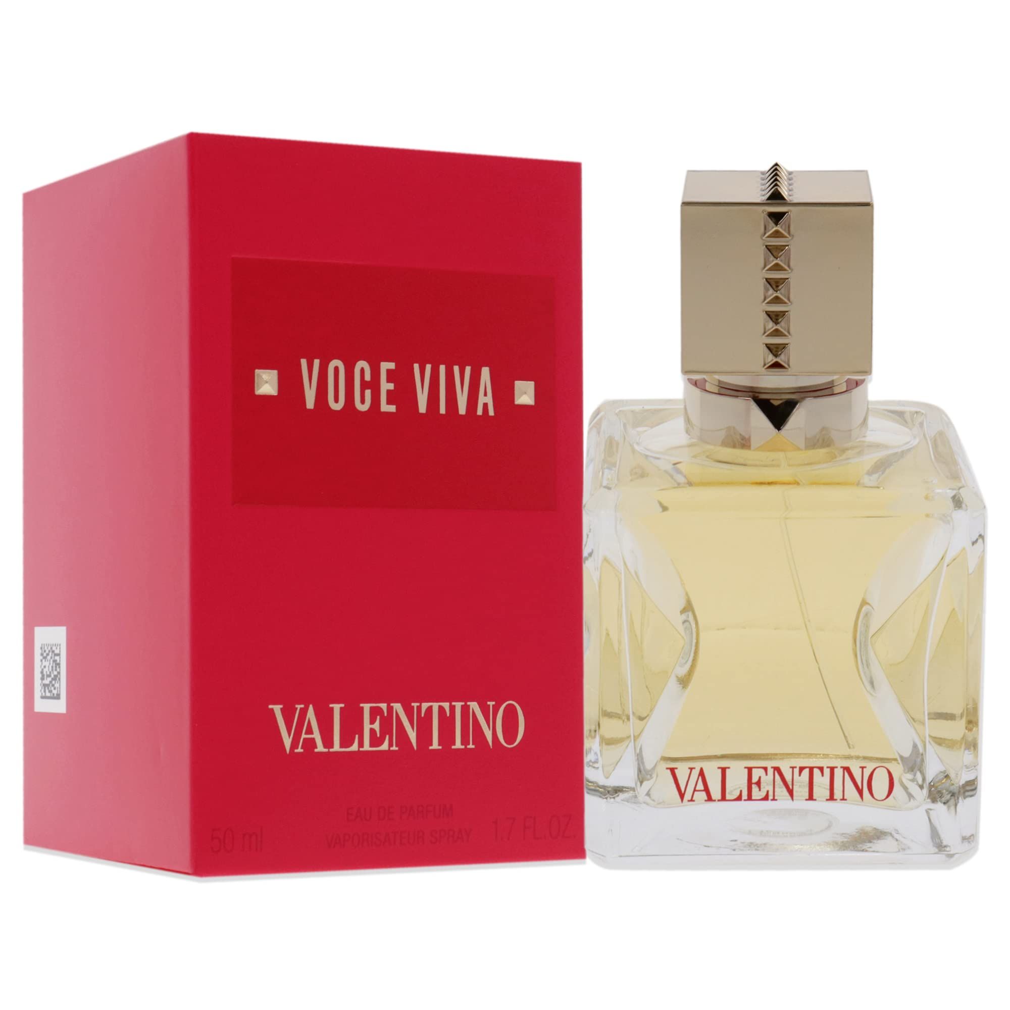 Flacone e confezione Valentino Voce Viva Eau de Parfum. Confezione rossa con testo dorato. Flacone angolare.