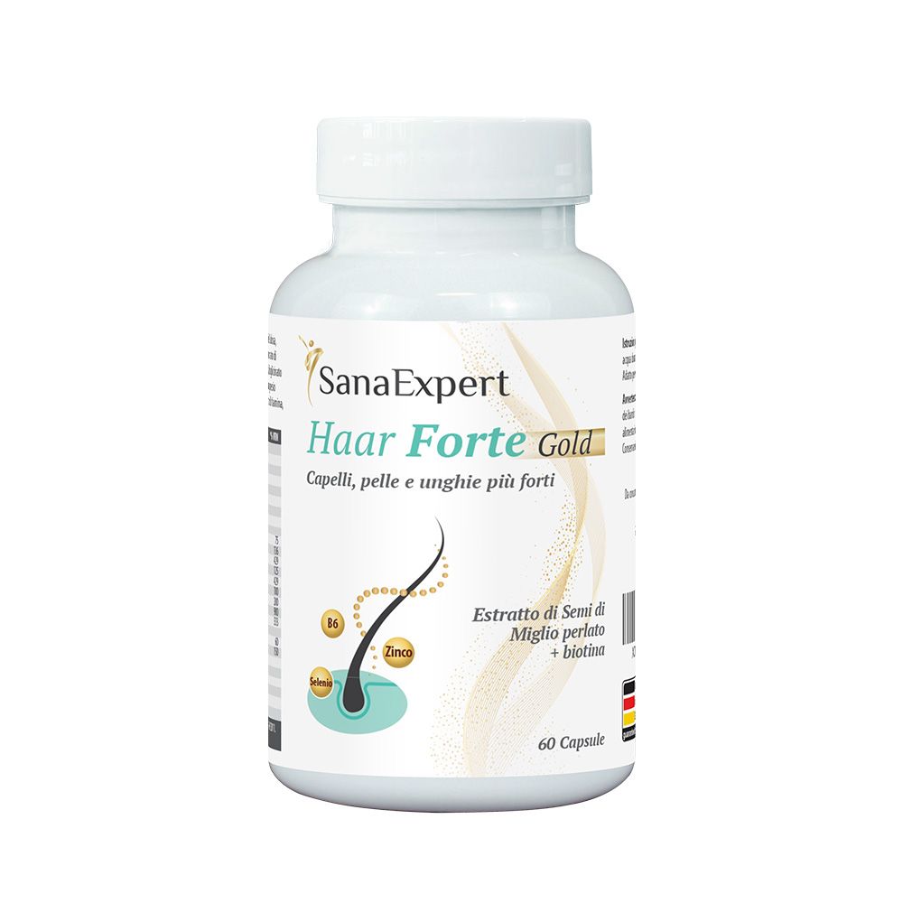 Flacone bianco con capsule. Scritta: SanaExpert Haar Forte Gold. Contiene 60 capsule. Illustrazione di capelli e ingredienti.