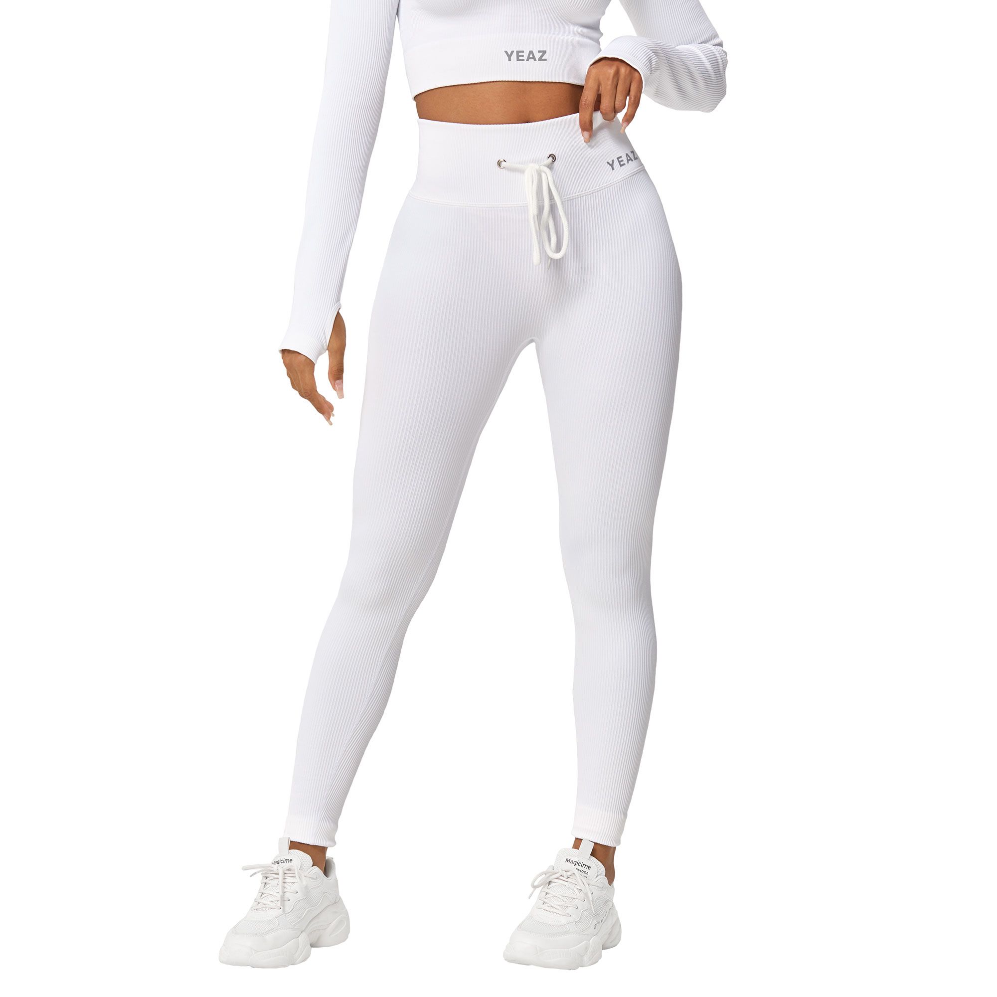 Leggings bianchi a vita alta con coulisse bianca. Logo discreto del marchio in vita.