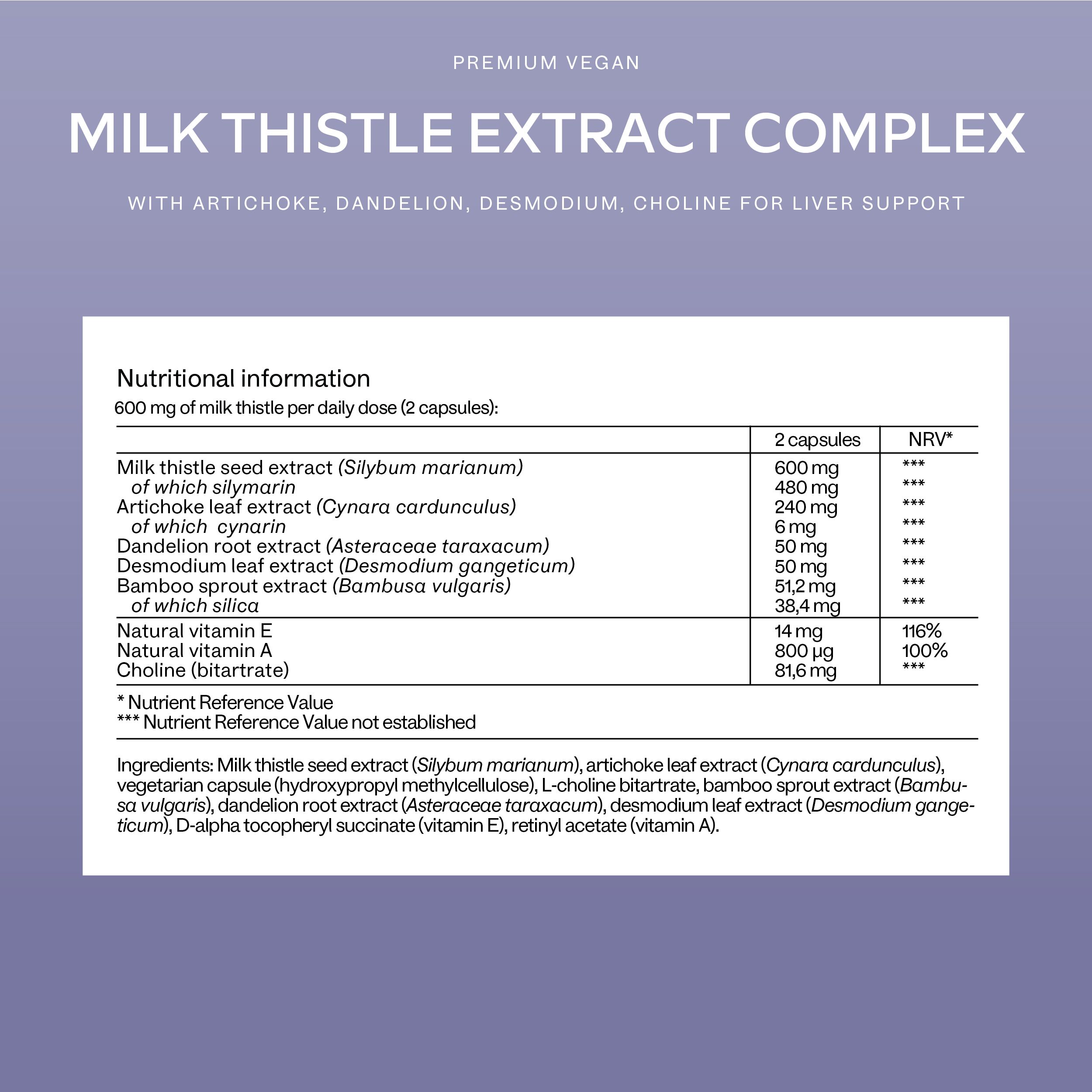 Informazioni nutrizionali su sfondo viola. Ingredienti, valori nutrizionali per 2 capsule, valori di riferimento nutrizionali.
