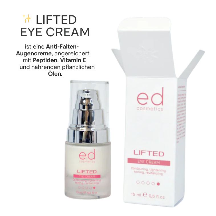 Flacone di crema per occhi e confezione. Scritta: "ed cosmetics LIFTED EYE CREAM".