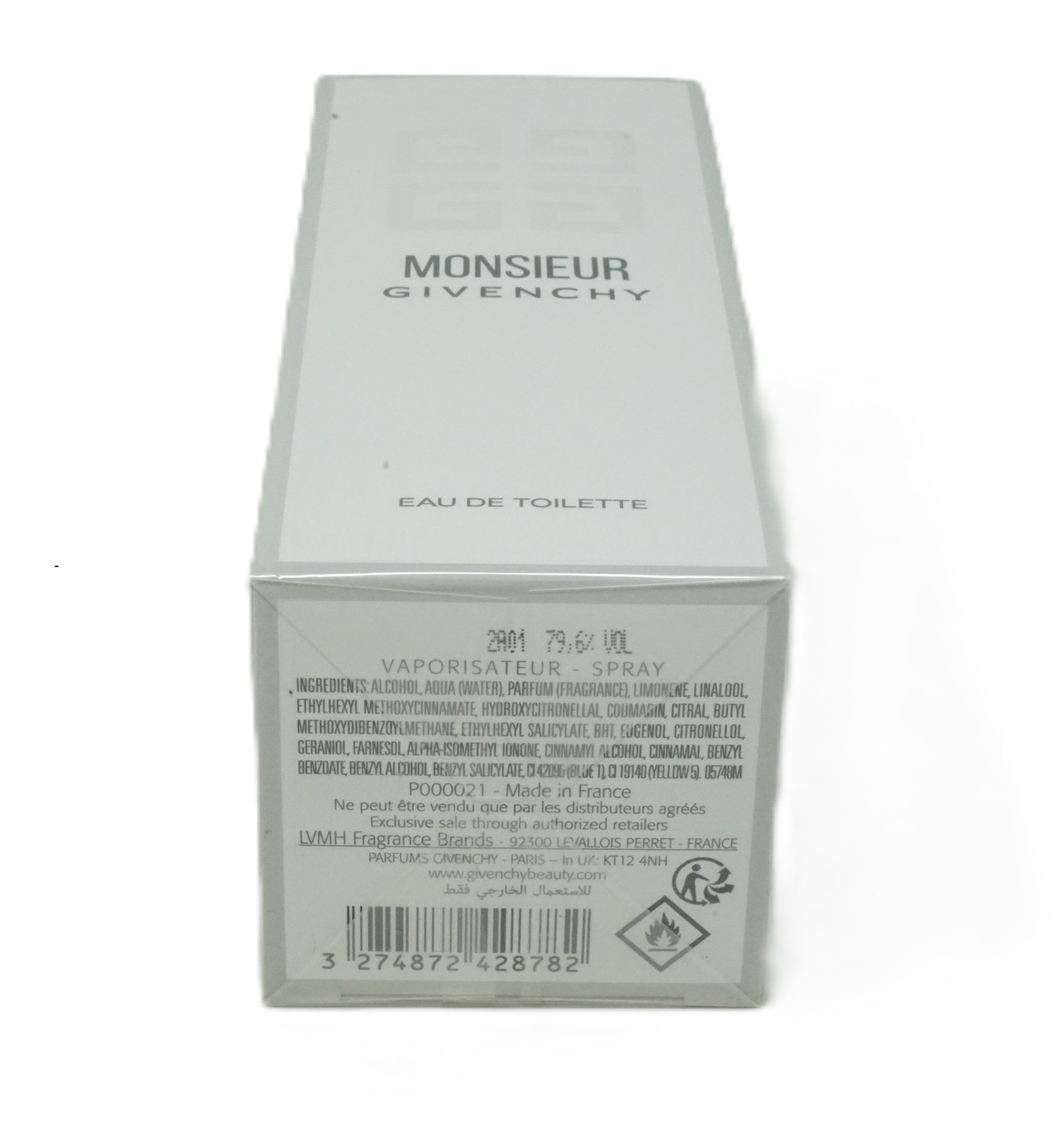 Givenchy Monsieur Eau de Toilette. Retro della confezione con ingredienti e codice a barre.