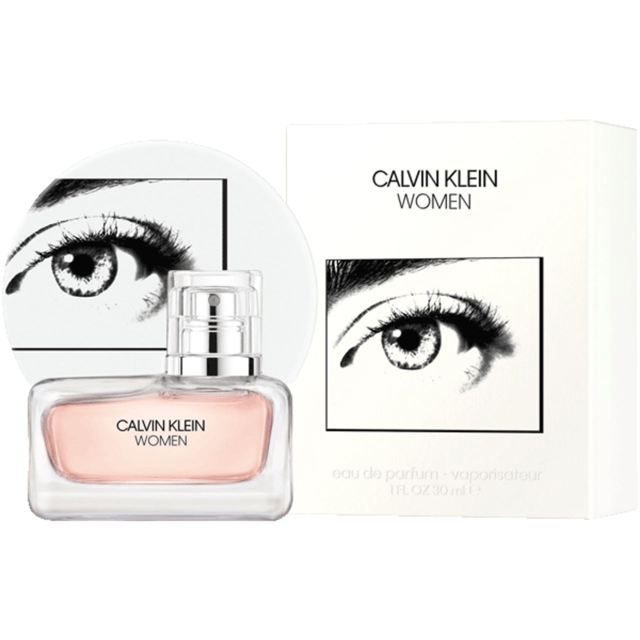 Flacone e scatola. Scritta: CALVIN KLEIN WOMEN. Sfondo: illustrazione occhio. In basso: eau de parfum.