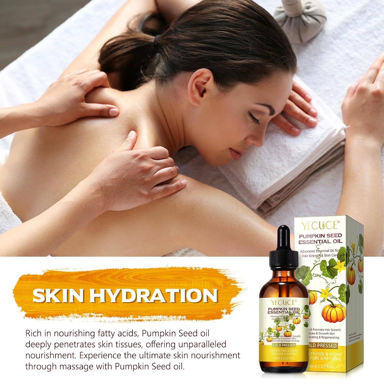Una donna riceve un massaggio alla schiena. Accanto a lei c'è una bottiglia di olio di semi di zucca. Testo: IDRATAZIONE DELLA PELLE. Testo sulla nutrizione della pelle.