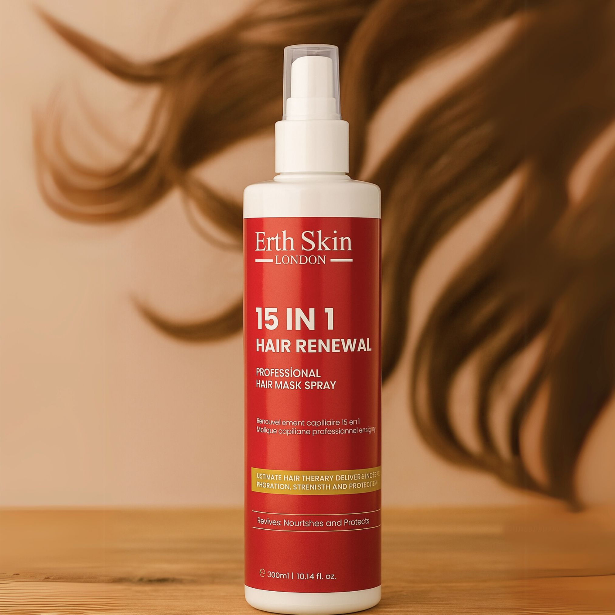 Spray maschera per capelli 15-in-1 Erth Skin London in una bottiglia spray rossa, con capelli sullo sfondo.