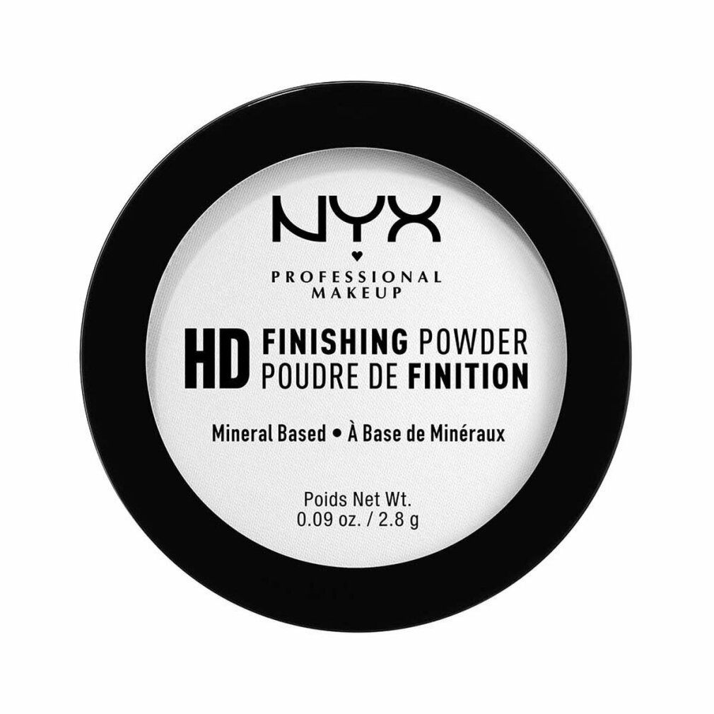 Confezione rotonda di polvere bianca. Coperchio nero con testo bianco: NYX Professional Makeup, HD Finishing Powder. Base minerale.
