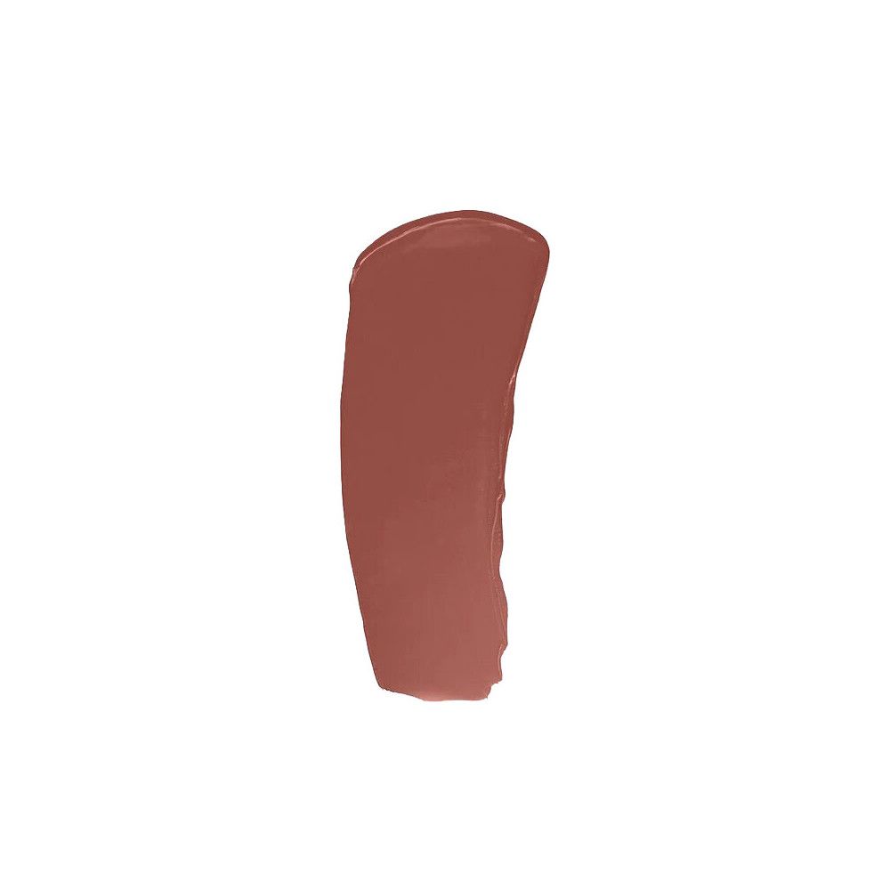 Tratto di rossetto marrone su sfondo bianco. La texture è cremosa e coprente.