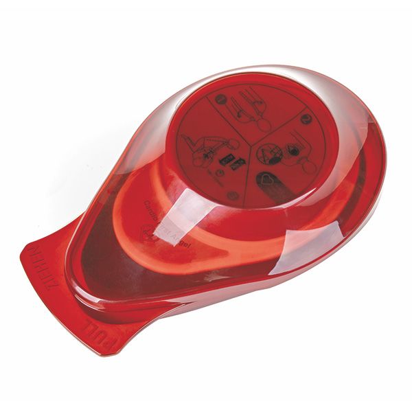 Confezione trasparente del Cardio First Angel. Pulsante rosso con istruzioni. Vista prospettica.