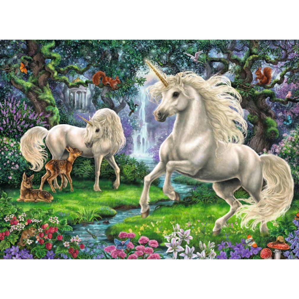 Puzzle con motivo unicorno. Scena della foresta con unicorni, cervi e cascata. 200 pezzi, XXL.