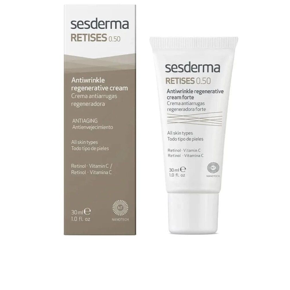 Sesderma Retises 0.50 Crema e confezione. Tubo e scatola con informazioni. Bianco e beige.