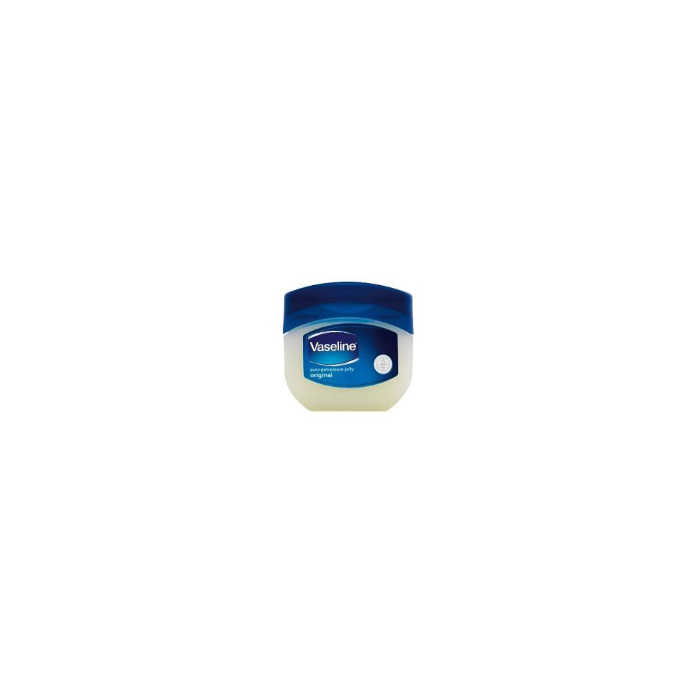 Vasetto con coperchio blu ed etichetta. Scritta: Vaseline, pure petroleum jelly original.