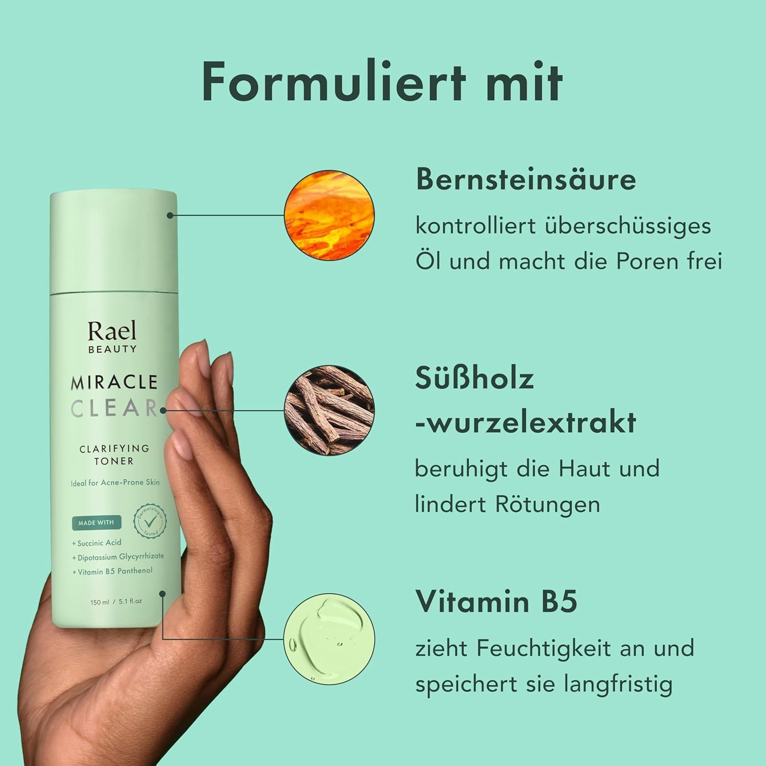 Flacone di toner verde con grafici degli ingredienti. Testo: Formulato con acido succinico, estratto di radice di liquirizia, vitamina B5.