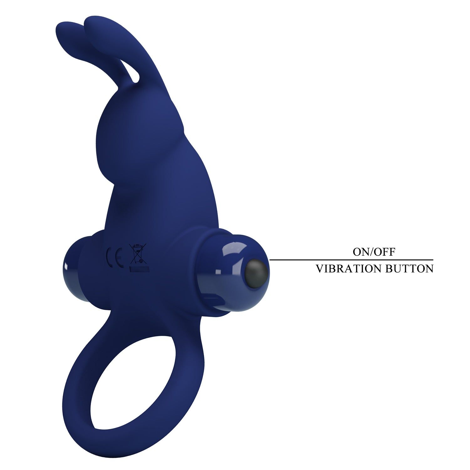 Anello blu con design a orecchie di coniglio. Include un pulsante con la scritta ON/OFF VIBRATION BUTTON.