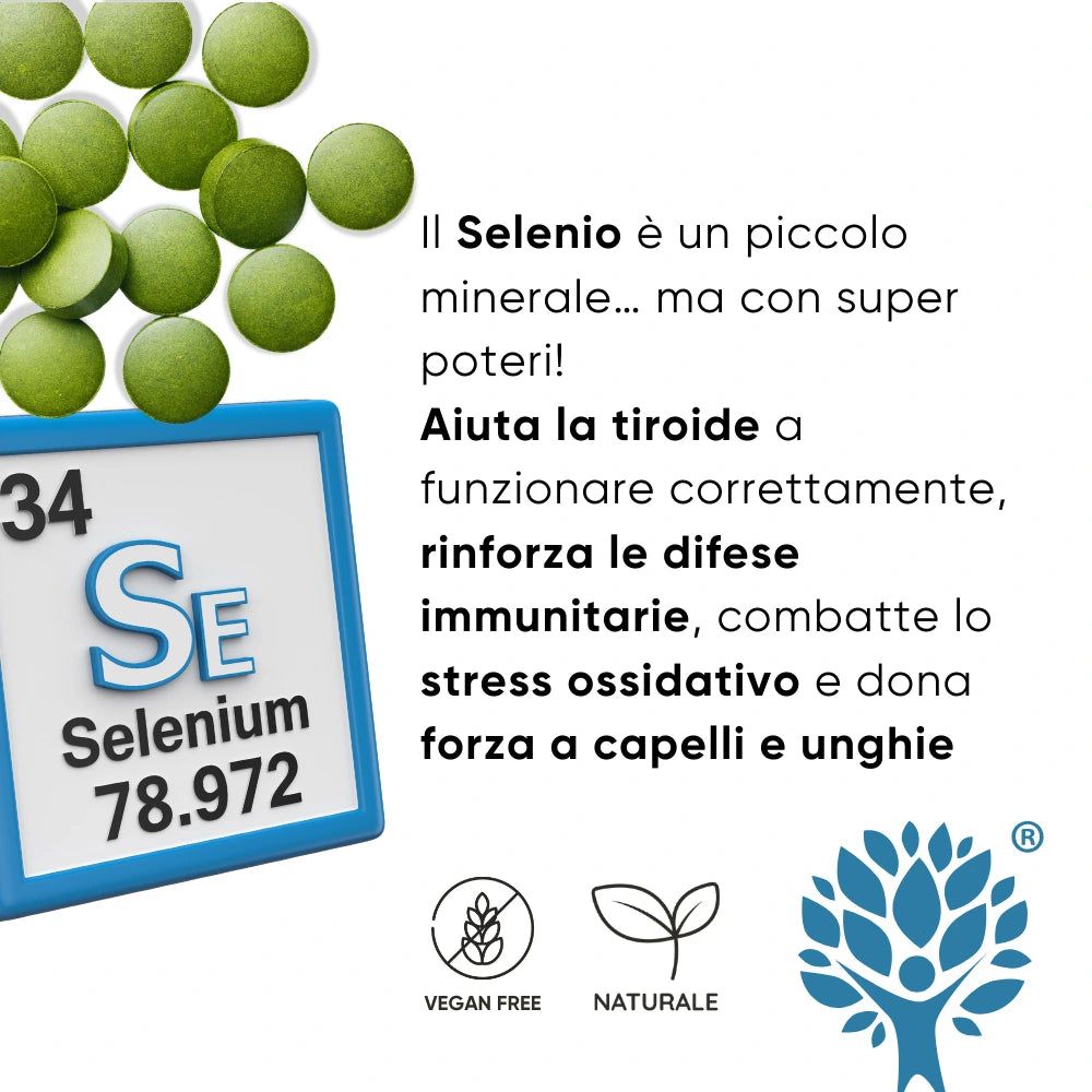 Compresse verdi e simbolo dell'elemento selenio. Testo su selenio e immunità. Simbolo vegano.