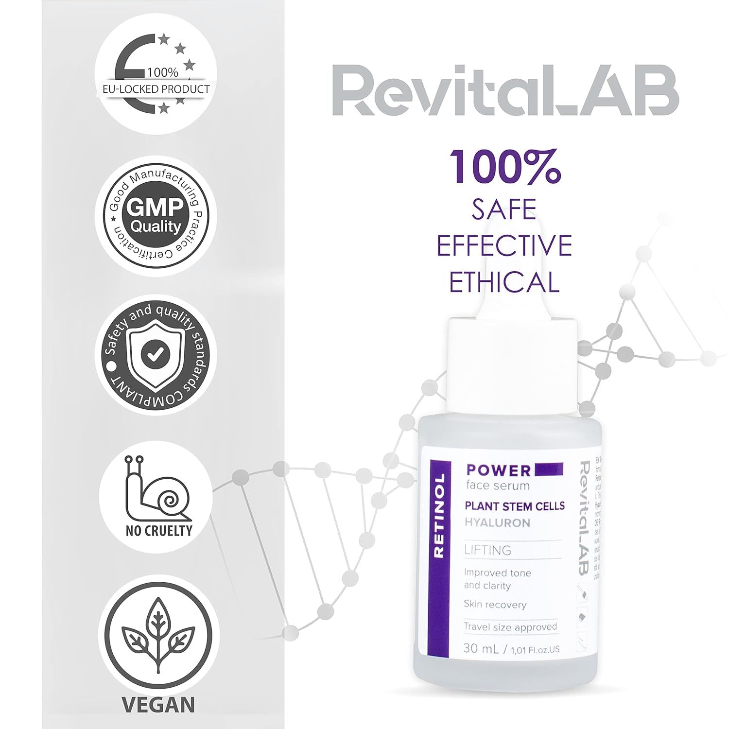 Flacone di siero con loghi e certificazioni. Scritta: RevitaLAB, POWER face Serum, Retinolo, cellule staminali vegetali, Hyaluron. Vegano.