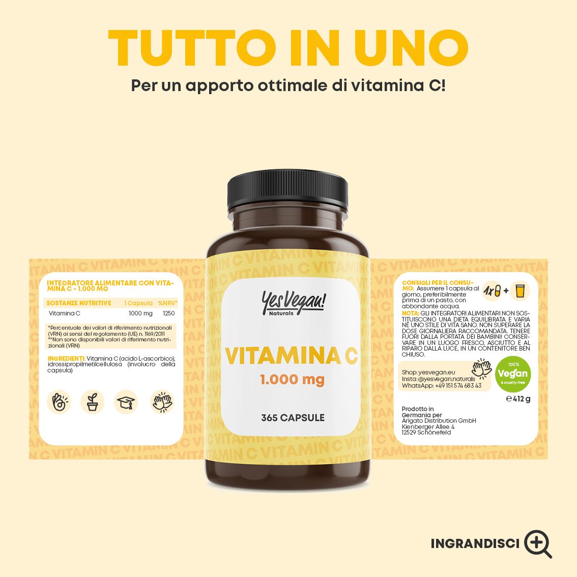 Flacone da 365 capsule vegane di Vitamina C, 1000 mg. Scorta annuale.