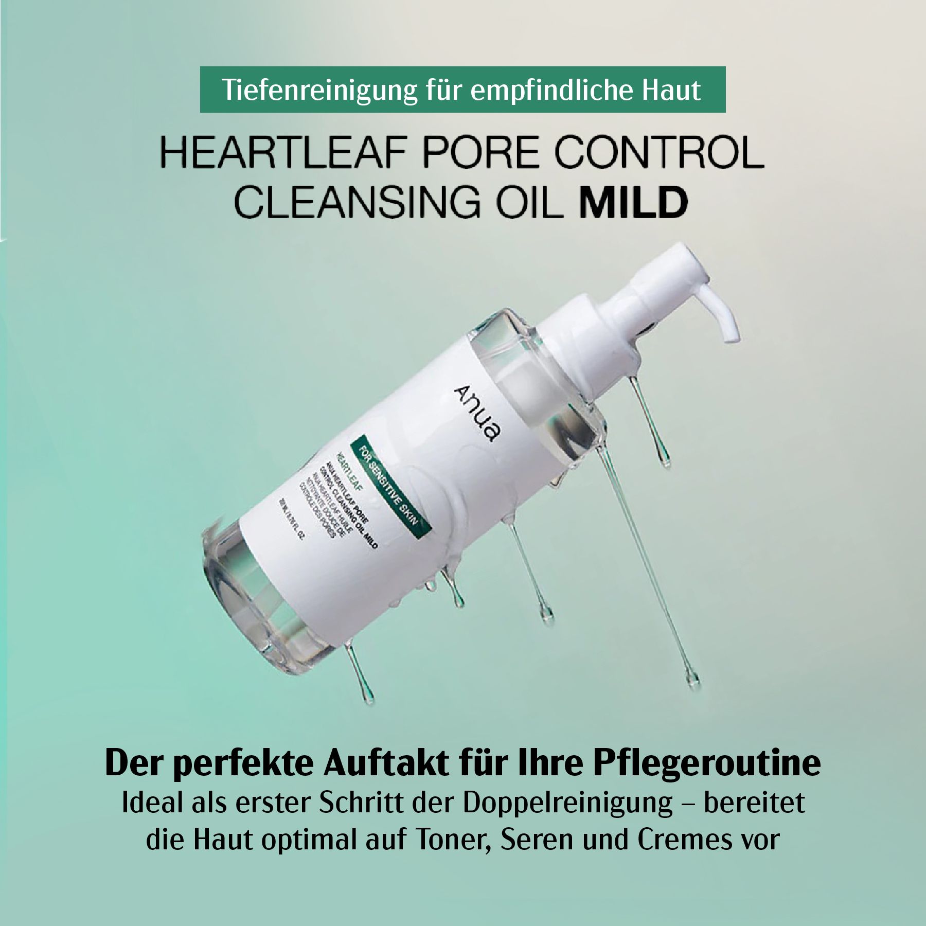 Flacone del prodotto con pompa e olio che scorre. Scritta: HEARTLEAF PORE CONTROL CLEANSING OIL MILD. Marchio: Anua. Per pelli sensibili.