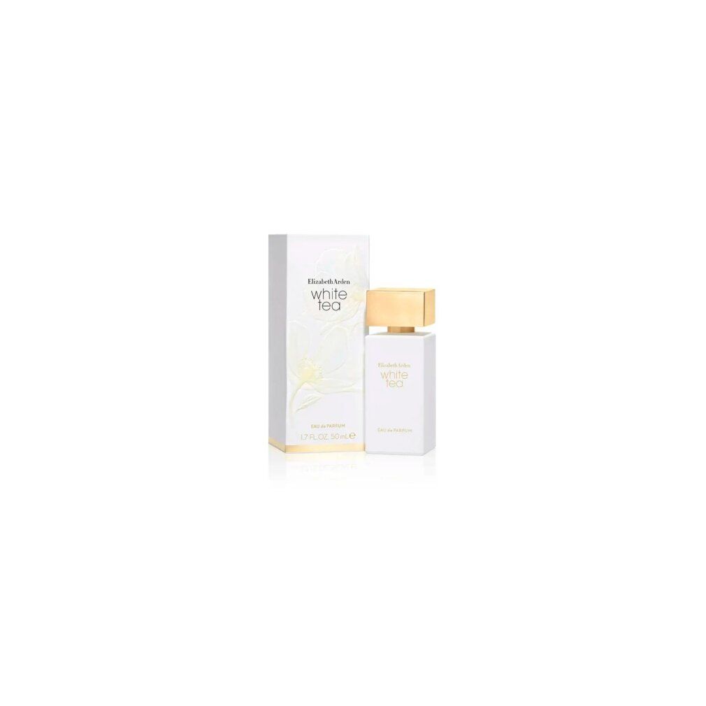 Flacone di profumo bianco e confezione. Scritta: Elizabeth Arden White Tea. Tappo dorato. Confezione bianca.