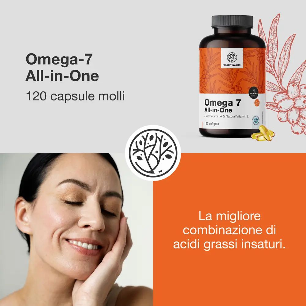 Donna che si tocca il viso. Flacone marrone Omega-7 All-in-One, 120 capsule molli. Logo.
