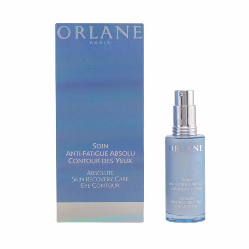 Flacone blu con vaporizzatore argentato e confezione. Scritta: ORLANE PARIS, Anti-Fatigue Absolu Contour des Yeux.