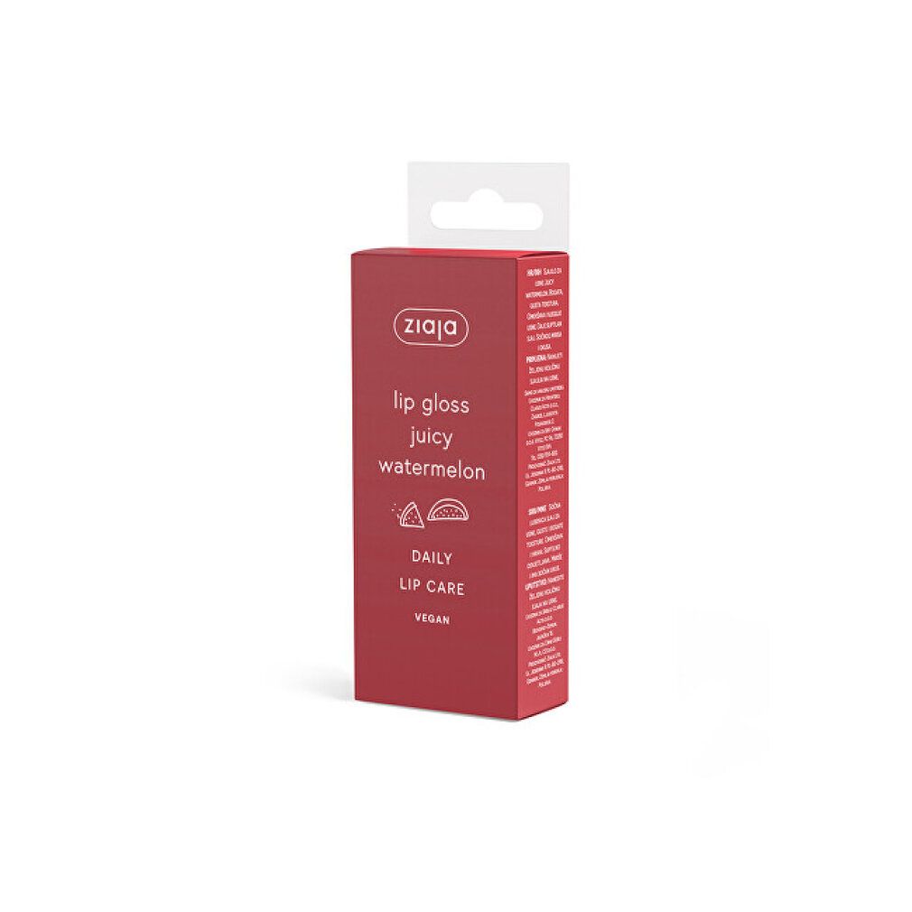Confezione rossa con tubo di lucidalabbra. Scritte: Ziaja, lip gloss juicy watermelon, Daily Lip Care, Vegan.