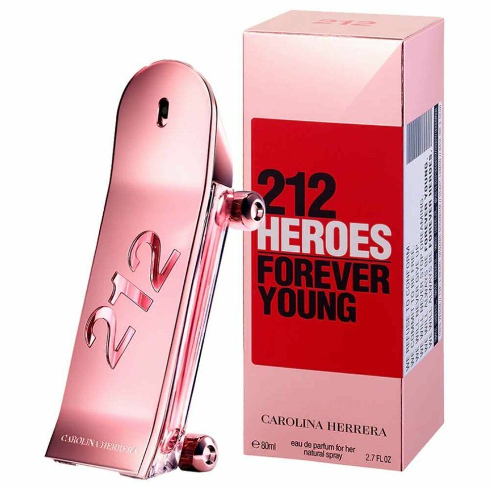 Flacone rosa a forma di skateboard e confezione rosa. Scritta: 212 HEROES FOREVER YOUNG. Marchio: CAROLINA HERRERA.
