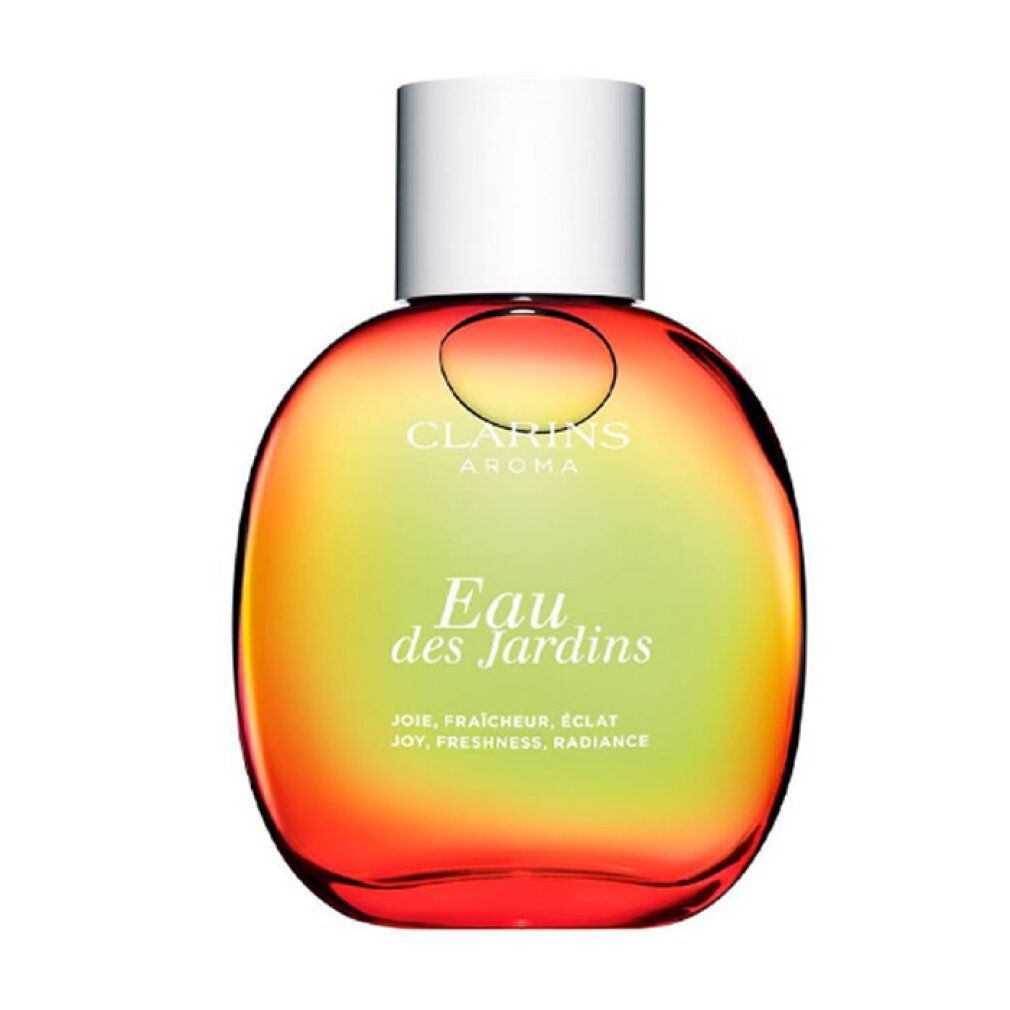 Flacone rotondo con tappo bianco. Scritta: Eau des Jardins. Sfumatura dal rosso al giallo. Clarins Aroma.