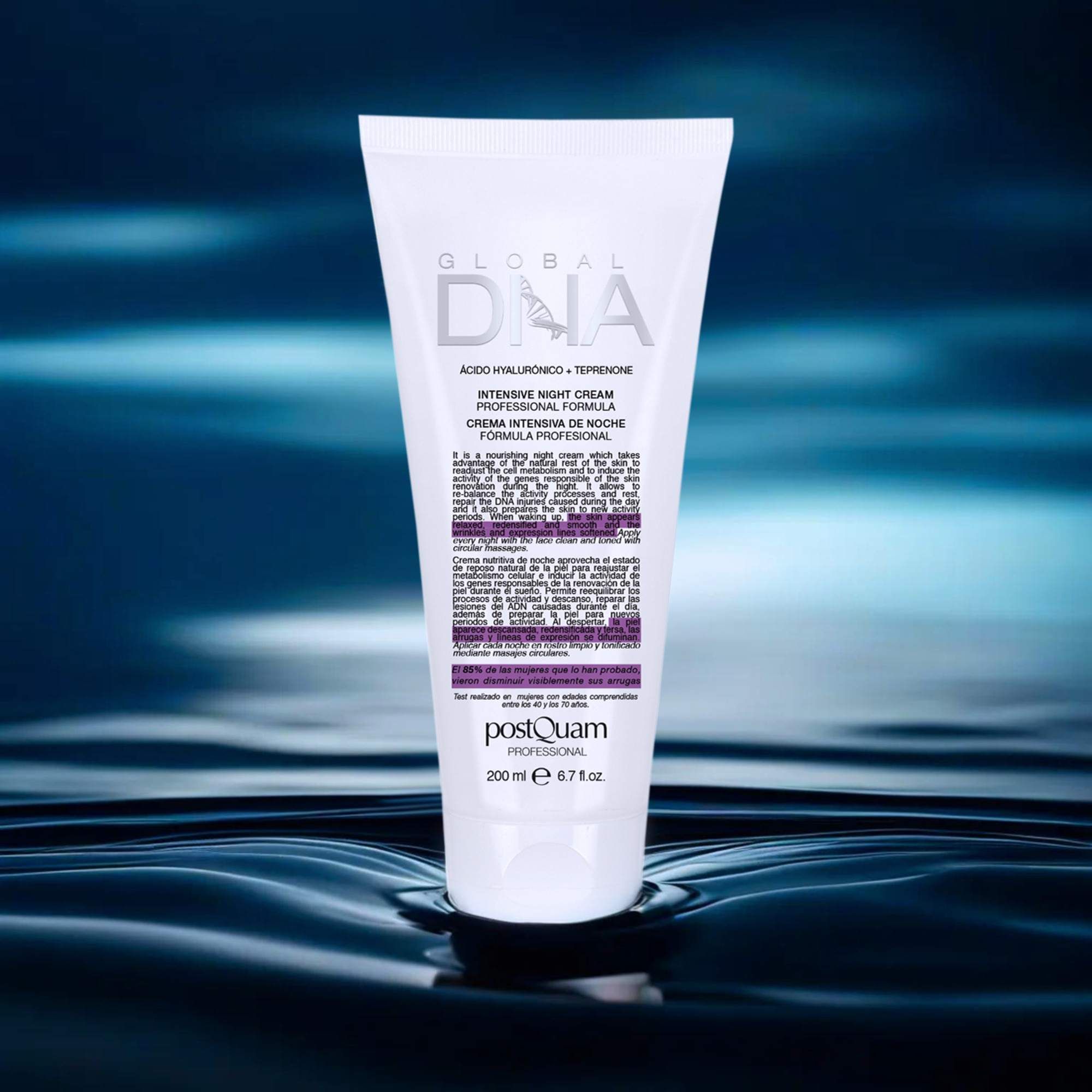 Tubo bianco con testo. Scritta: Global DNA, Intensive Night Cream. Marchio: Postquam. 200 ml.