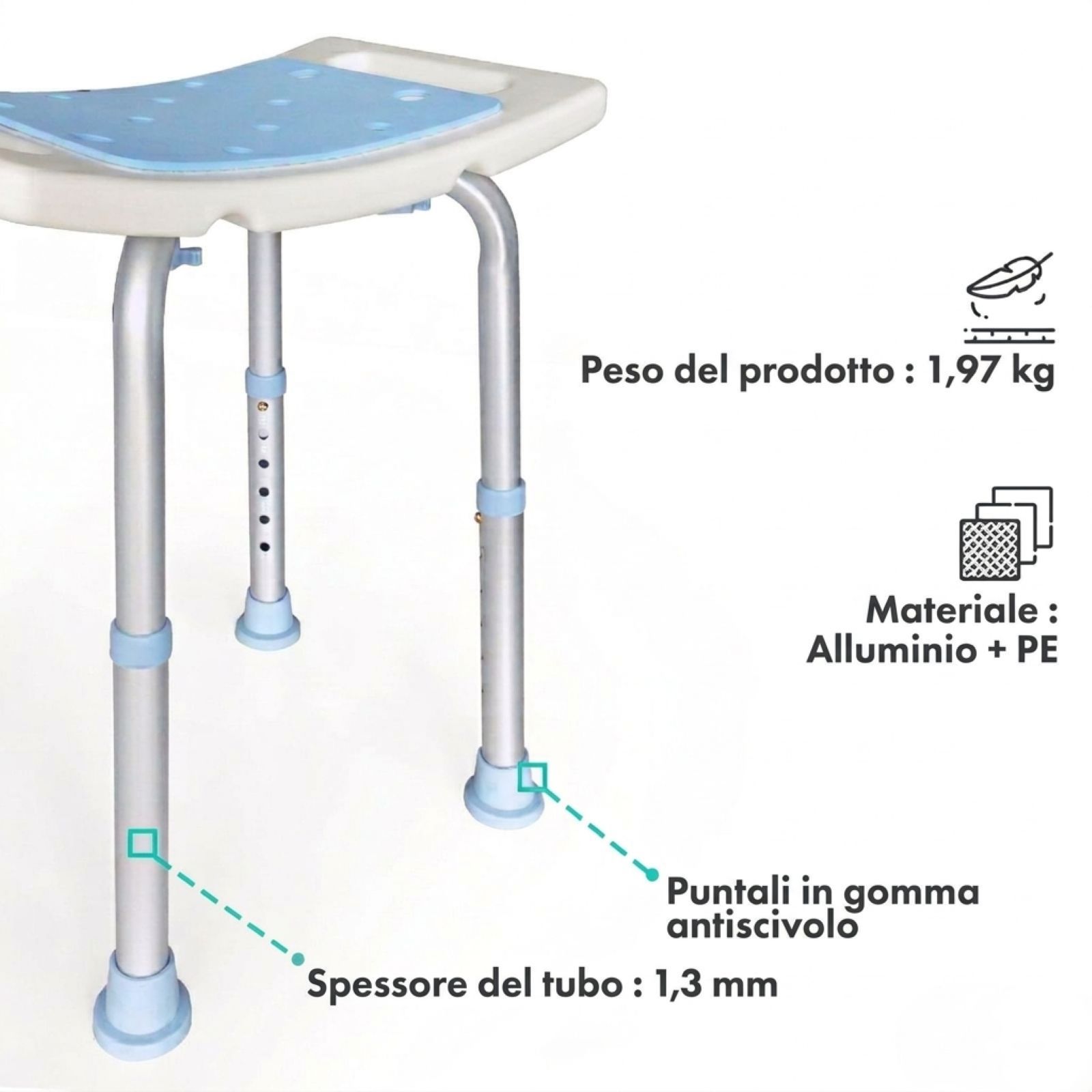 Sgabello da doccia blu. Peso del prodotto: 1,97 kg. Materiale: Alluminio + PE. Puntali in gomma antiscivolo.