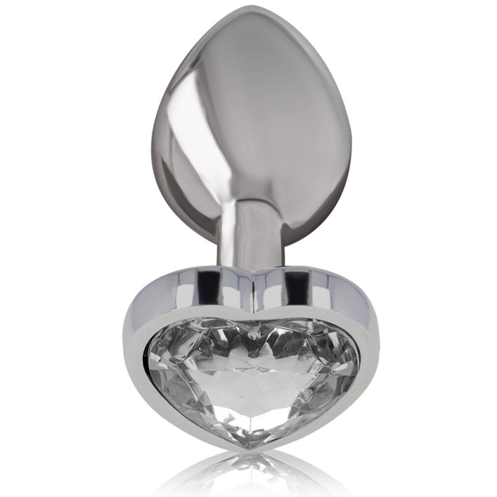 Plug anale in metallo a forma di cuore con cristallo, vista frontale.