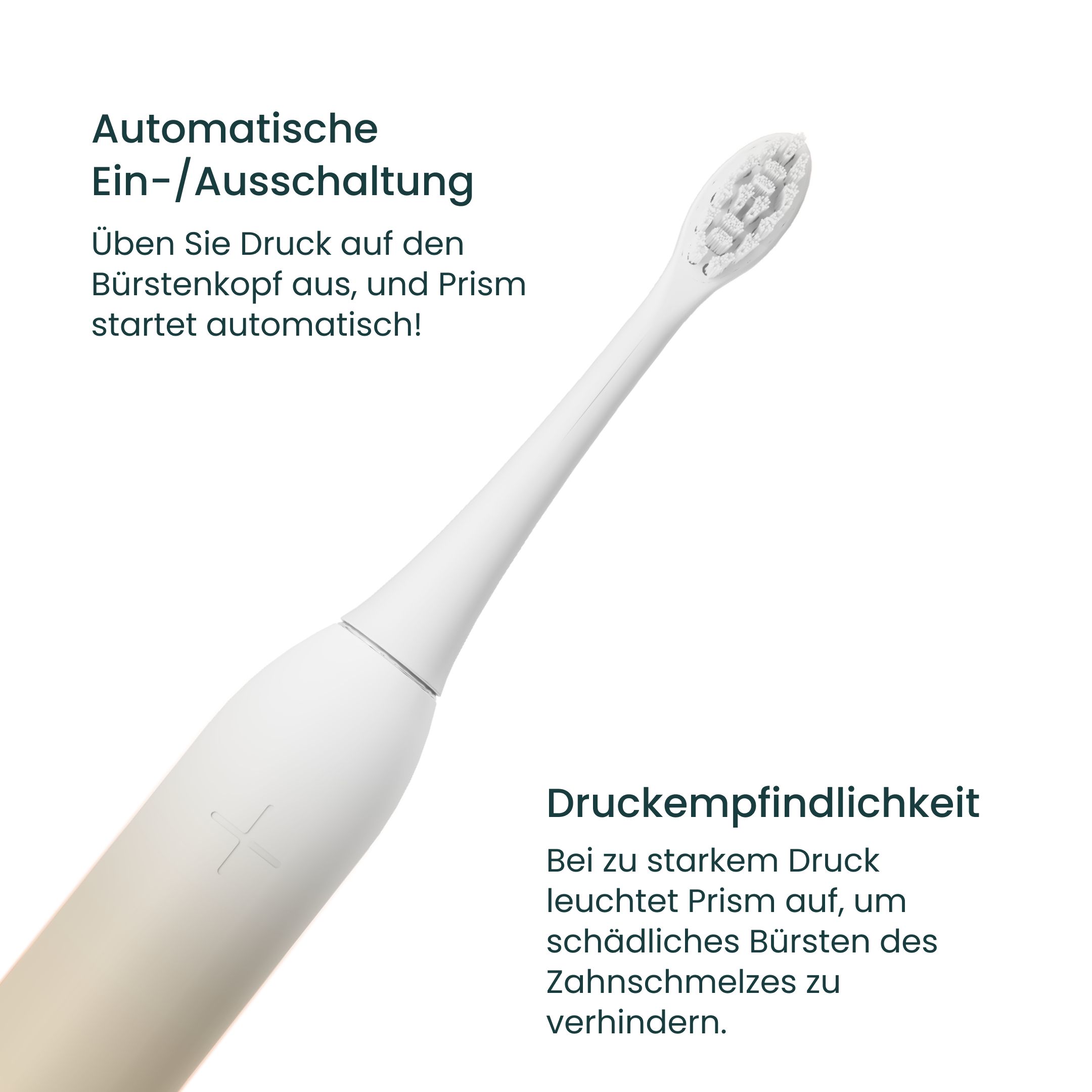 Spazzolino elettrico sonico bianco con sensore di pressione e spegnimento automatico.