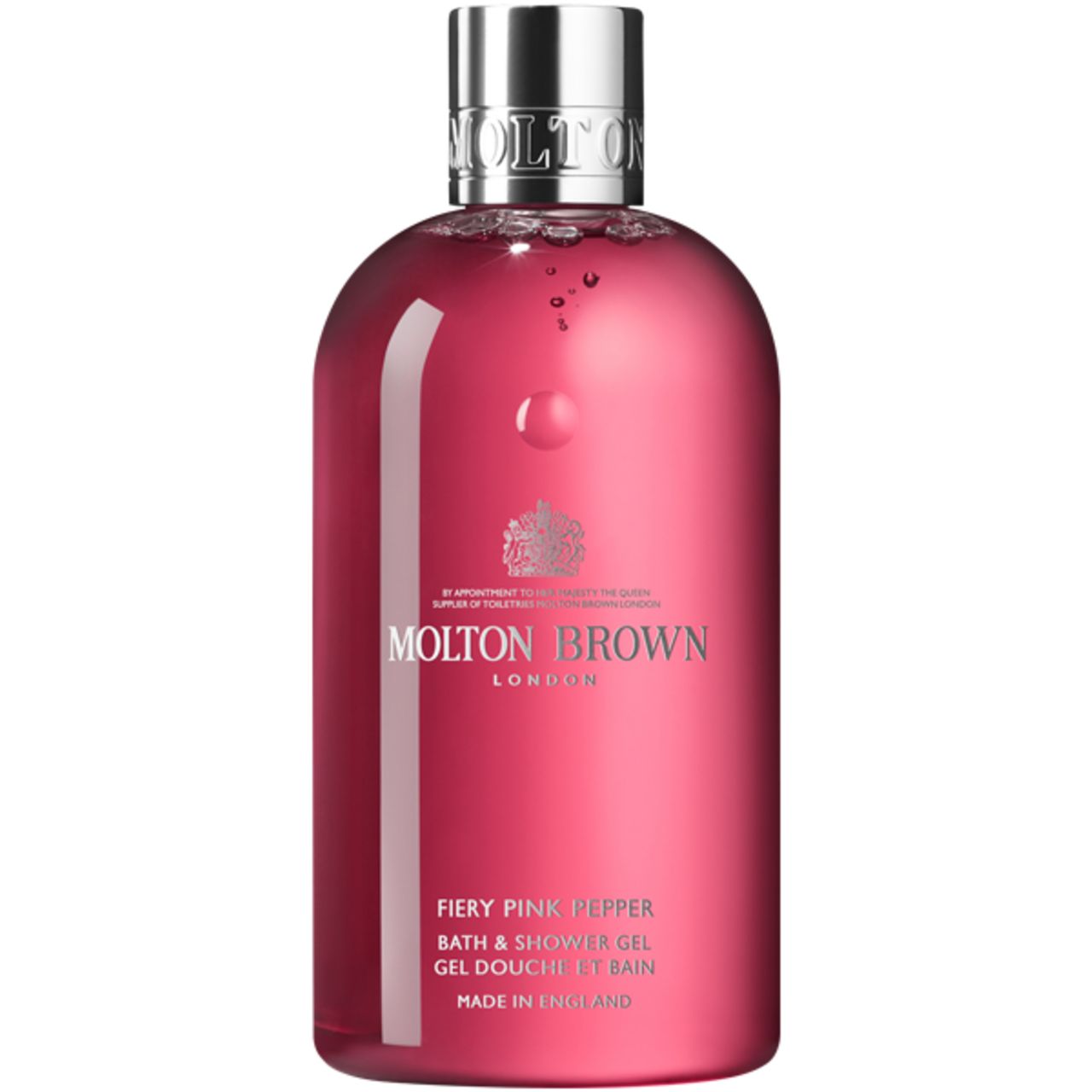 Flacone rotondo di gel doccia Molton Brown Fiery Pink Pepper. Liquido rosa, tappo argentato. Logo e scritta.