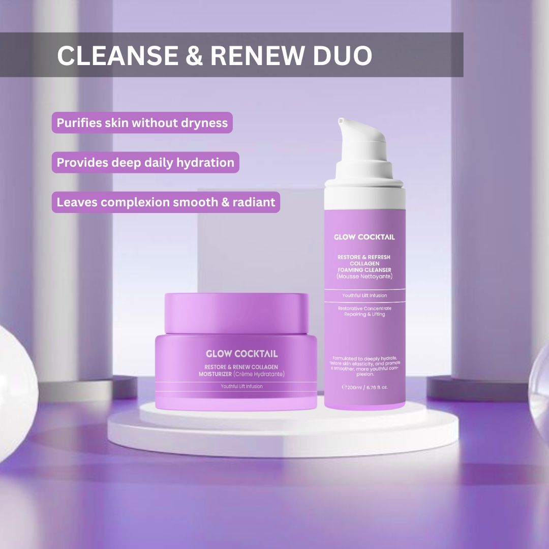 Due prodotti cosmetici viola su un piedistallo. Mousse detergente e crema idratante con informazioni sul prodotto e il nome Glow Cocktail.