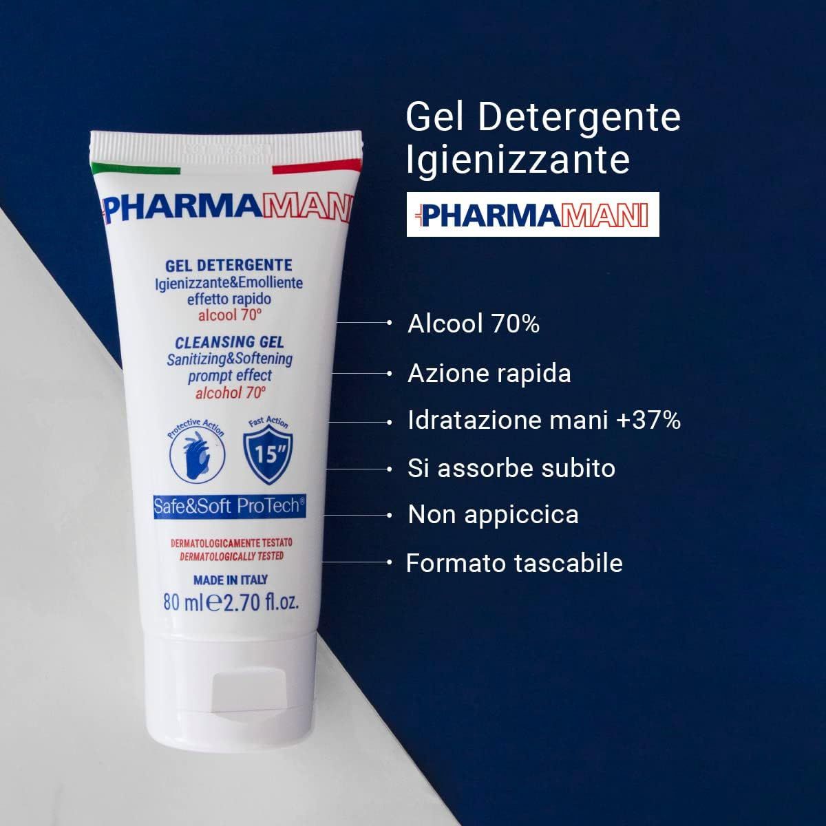 Tubo bianco e blu con logo PHARMAMANI. Testo: Gel Detergente Igienizzante, 70% alcool, dermatologicamente testato. 80 ml.