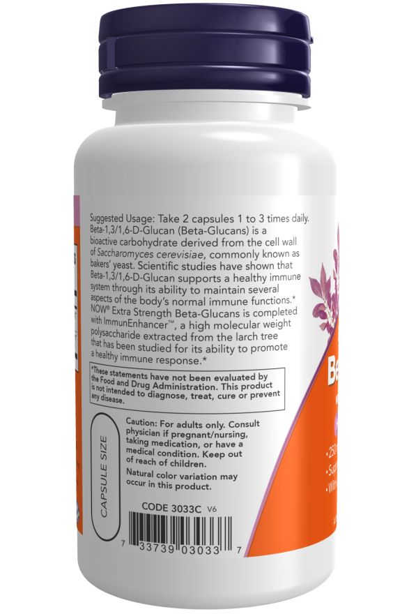 Retro del flacone. Etichetta arancione con testo: Beta-Glucans, ingredienti, istruzioni per l'uso, avvertenze.