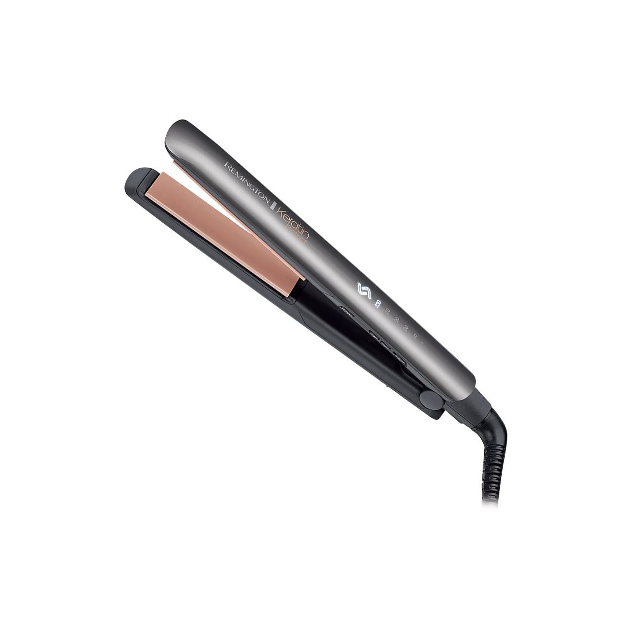 Piastra per capelli con tecnologia cheratina. Corpo grigio-nero, piastre riscaldanti rosa. Cavo.