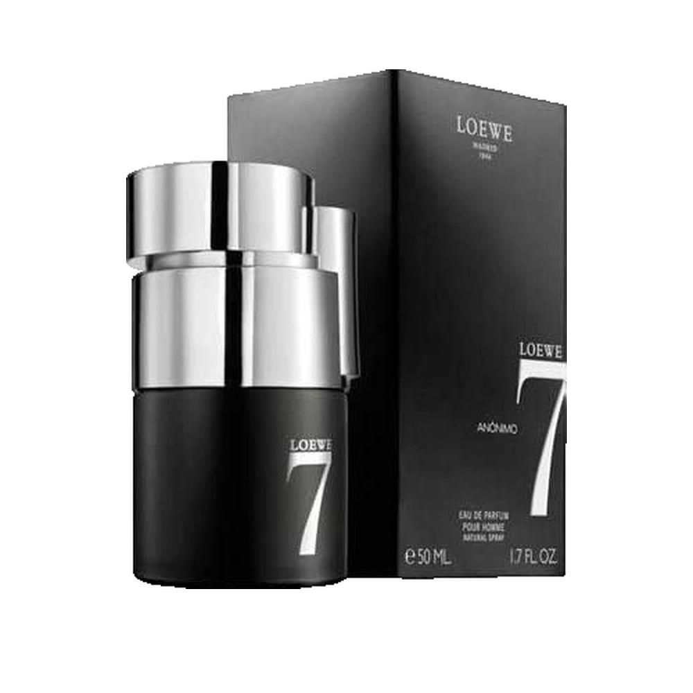 Flacone nero con tappo argentato e confezione. Scritta "Loewe 7 Anonimo".
