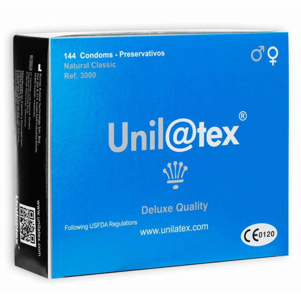 Scatola blu Unilatex. Scritte: 144 preservativi, Natural Classic, Deluxe Quality, marchio CE, logo.