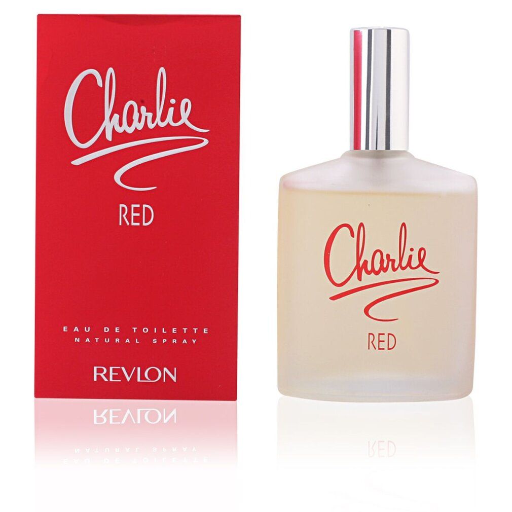 Scatola e flacone rossi di Charlie Red Eau de Toilette Spray. Scritta Charlie Red in bianco. Logo Revlon.