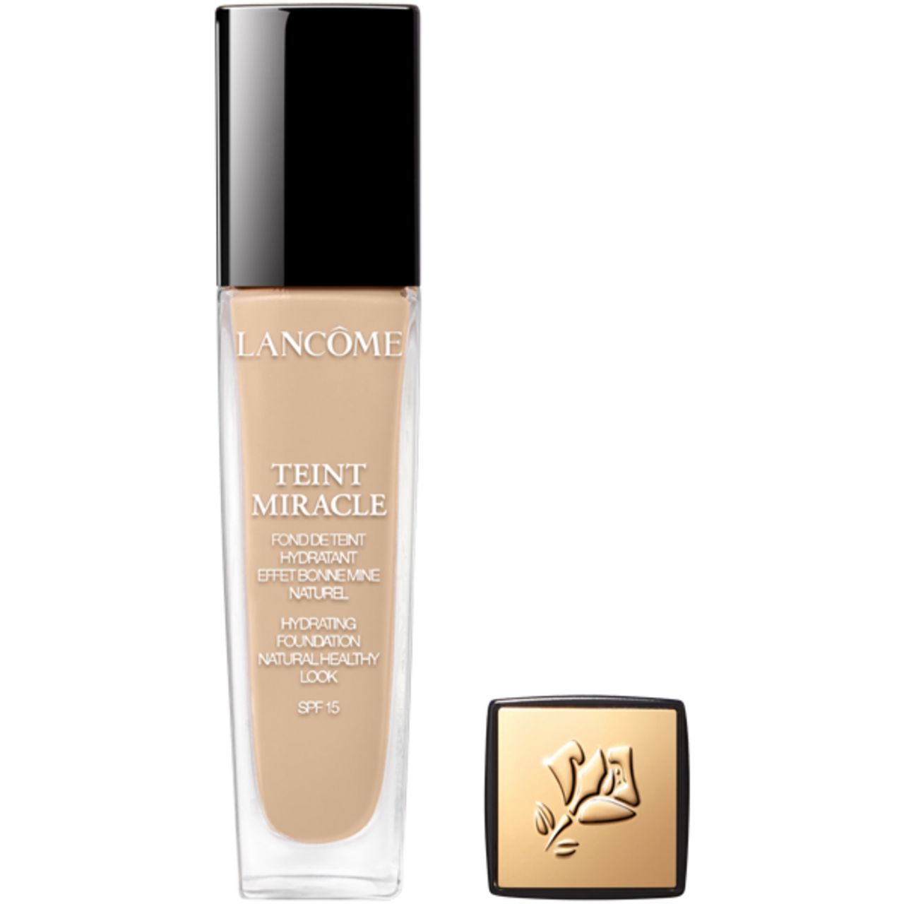 Lancôme Teint Miracle Fondotinta Idratante SPF 15. Flacone con tappo nero. Tonalità Beige Nature. Tappo accanto.