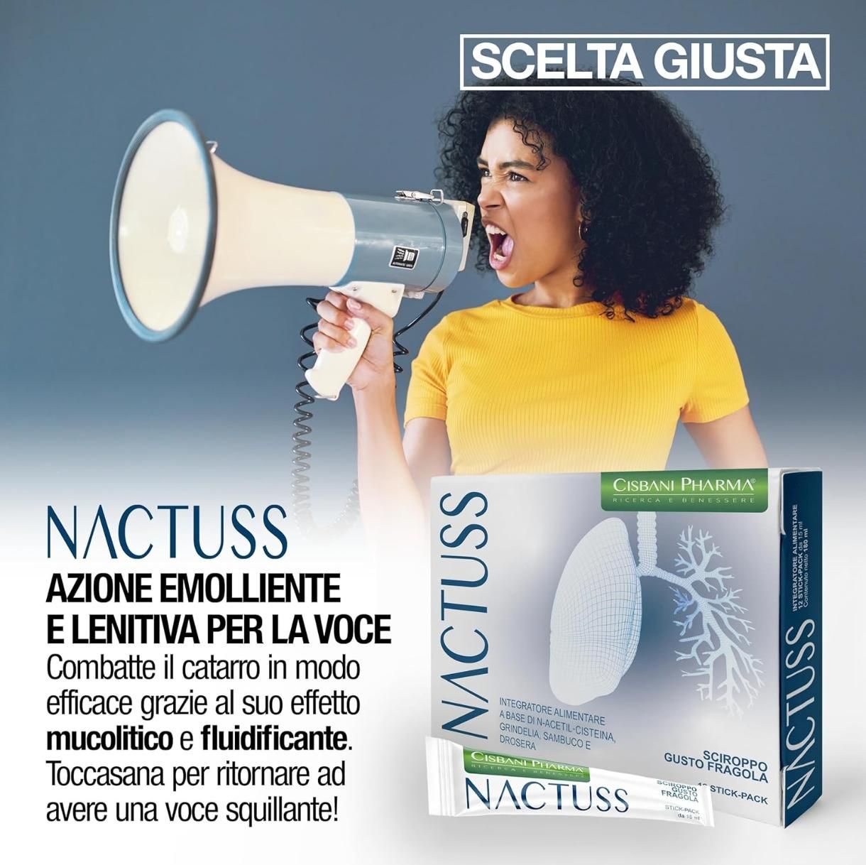 Confezione e stick pack Nactuss. Donna con megafono. Testo: Azione emolliente e lenitiva per la voce. Cisbani Pharma.