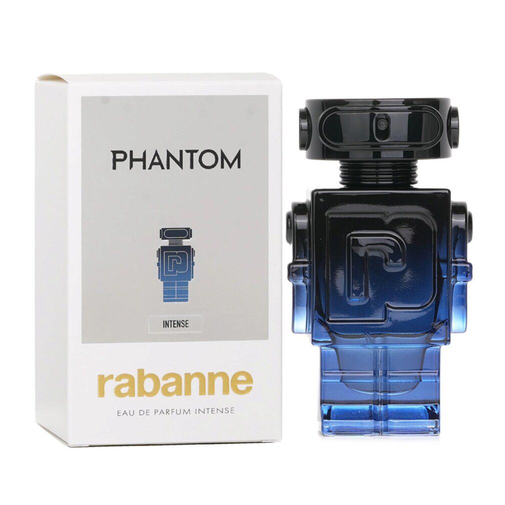Flacone blu-nero a forma di robot e confezione bianca. Scritta "Phantom Intense" e "rabanne".